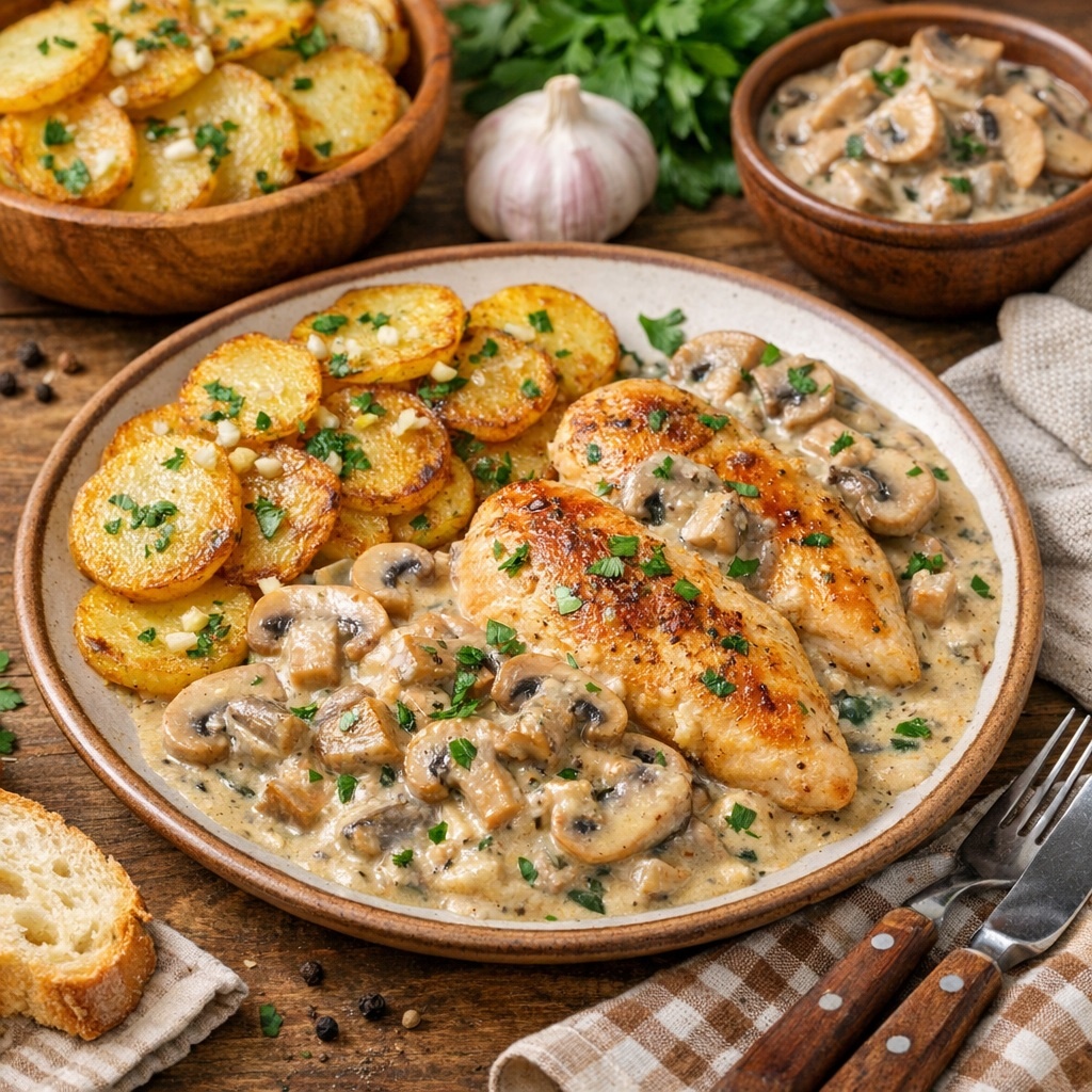 Как приготовить сочную куриную грудку с грибным соусом и картошкой